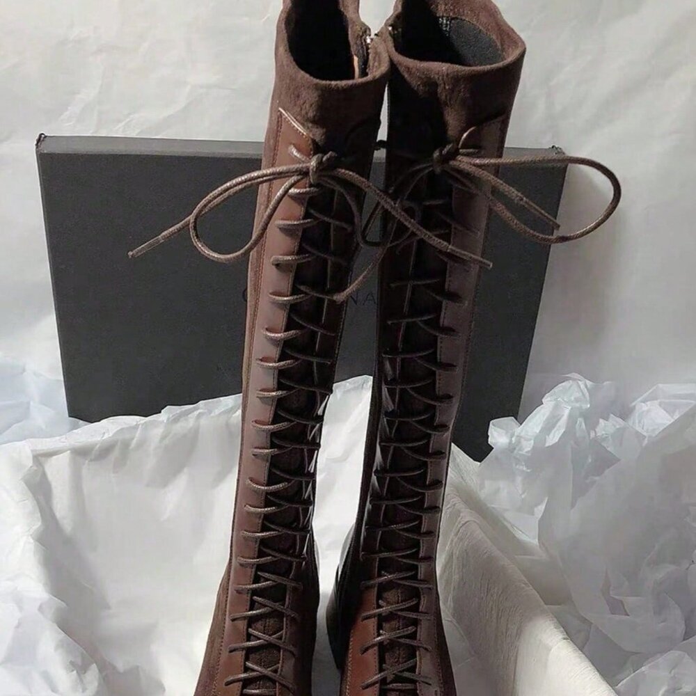 Brown Elegant Women's Thigh High Lace-Up Square Toe Chunky Heel Boots - Picture 3 of 4